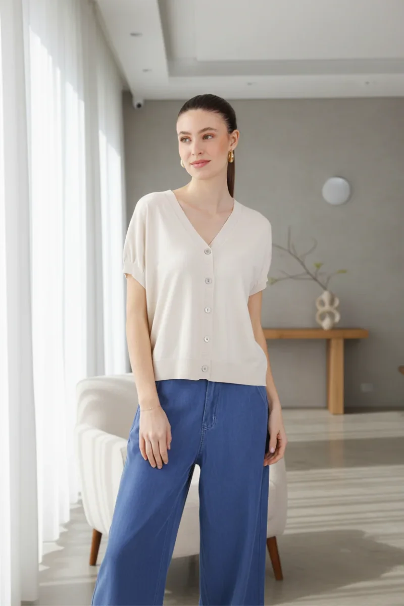 Cardigan a maniche corte in tessuto a Costine - immagine 4