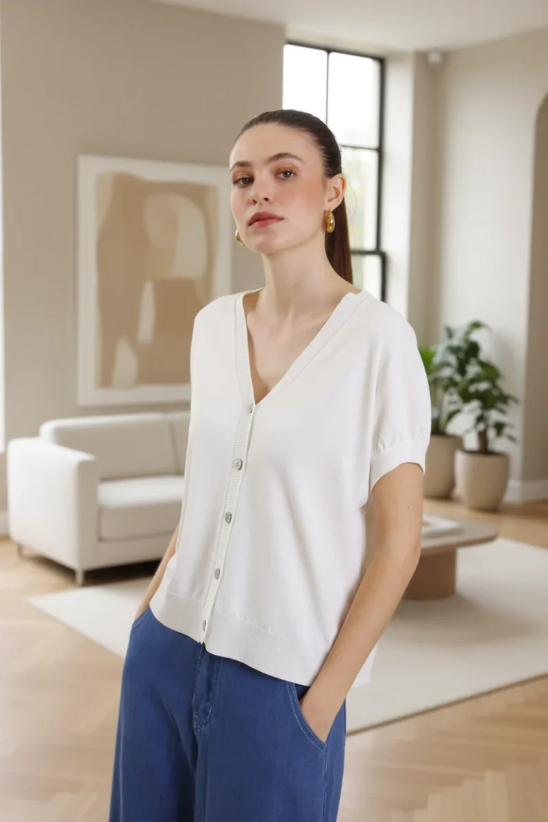 Cardigan a maniche corte in tessuto a Costine - immagine 2