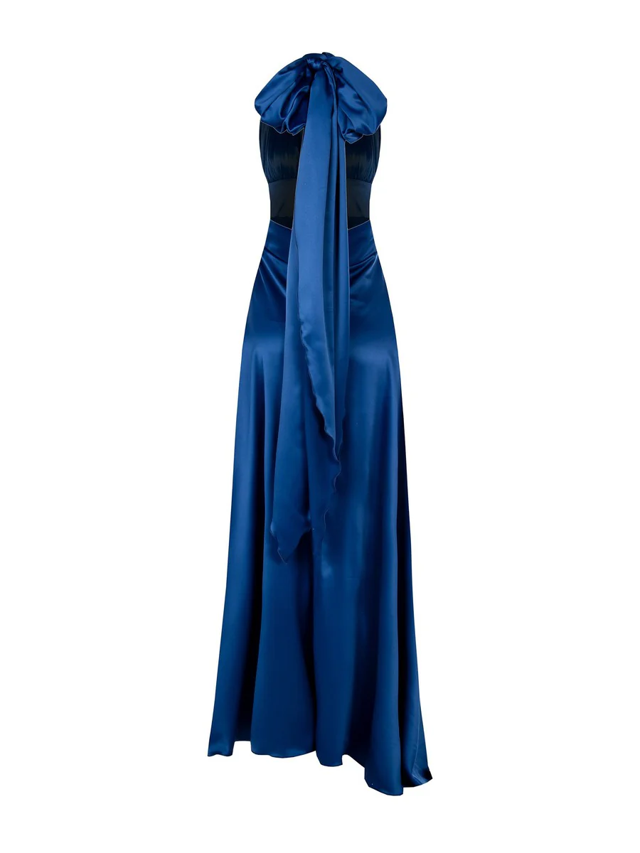 Abito in Raso con Maxi Fiocco e Lunghi Drappeggi - immagine 7