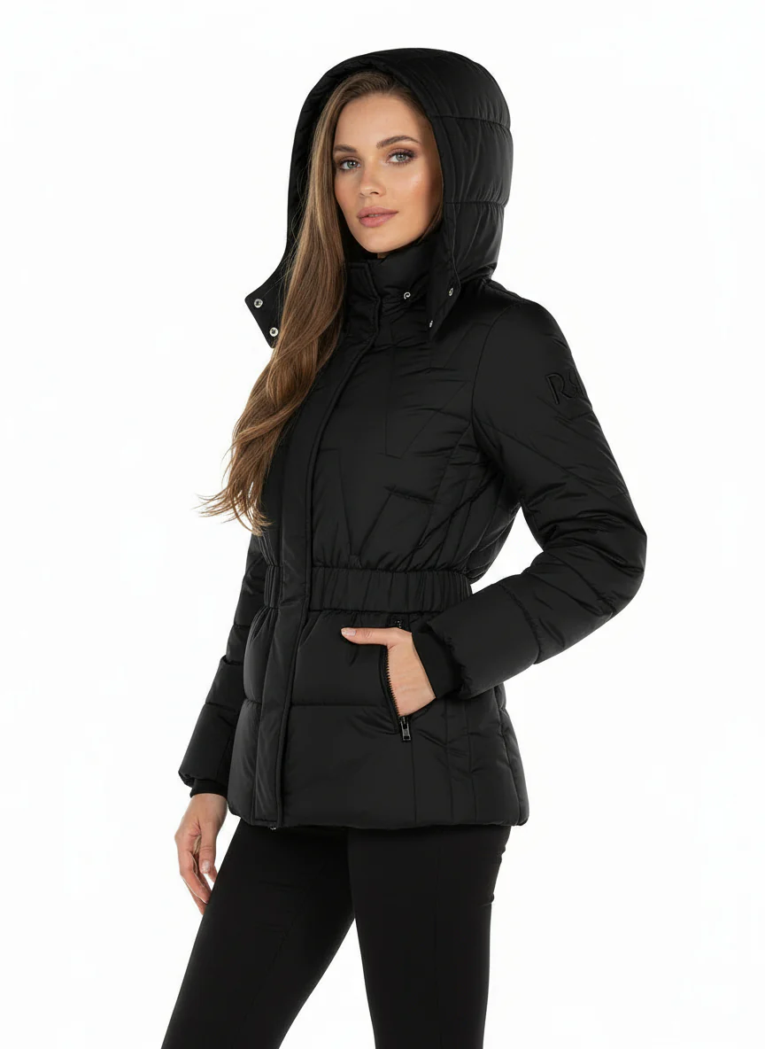 Piumino Corto Sfiancato con Cintura Elastica Coordinata e Cappuccio Rimovibile - immagine 6