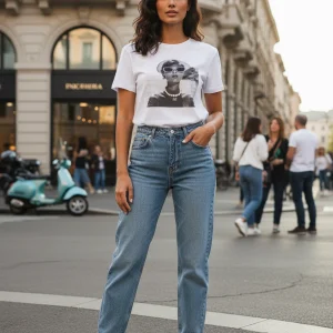 T-shirt Regular in Cotone con Stampa Donna con Collier in Perle