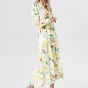 Abito Lungo a Balze in Georgette con Scollo a V e Catene nel Colletto