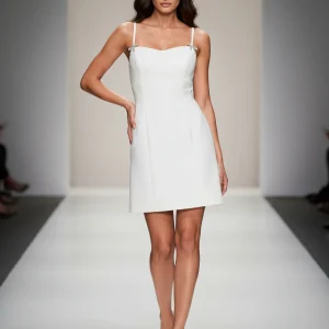 Abito Corto Svasato in Tessuto Tecnico con Spille Fiocco in Strass