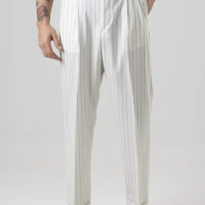 Pantalone Fondo Ampio e Fibbie Laterali Panna Riga Blu Riviera