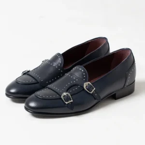 Mocassino Borchiato con Doppia Fibbia Blu