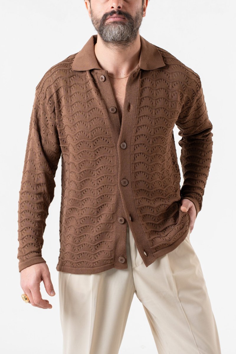 Cardigan Traforato con Collo Polo Cacao - immagine 3