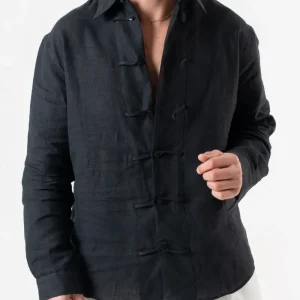 Camicia in Lino con Alamari in 100% Lino Nera