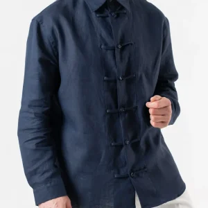 Camicia in Lino con Alamari in 100% Lino Blu