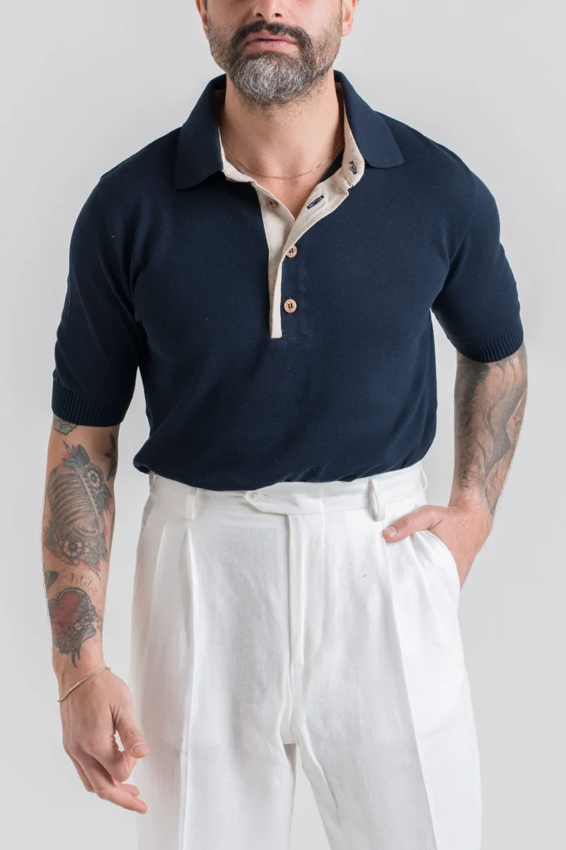 Polo in Cotone con Riporti in Lino Blu - immagine 2