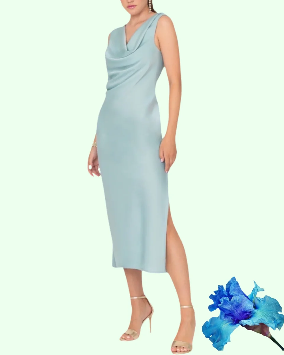 Abito "Azure Breeze" Abito lunghette in tessuto fluido con scollo drappeggiato d'avanti e scollatura profonda sul dietro - immagine 3