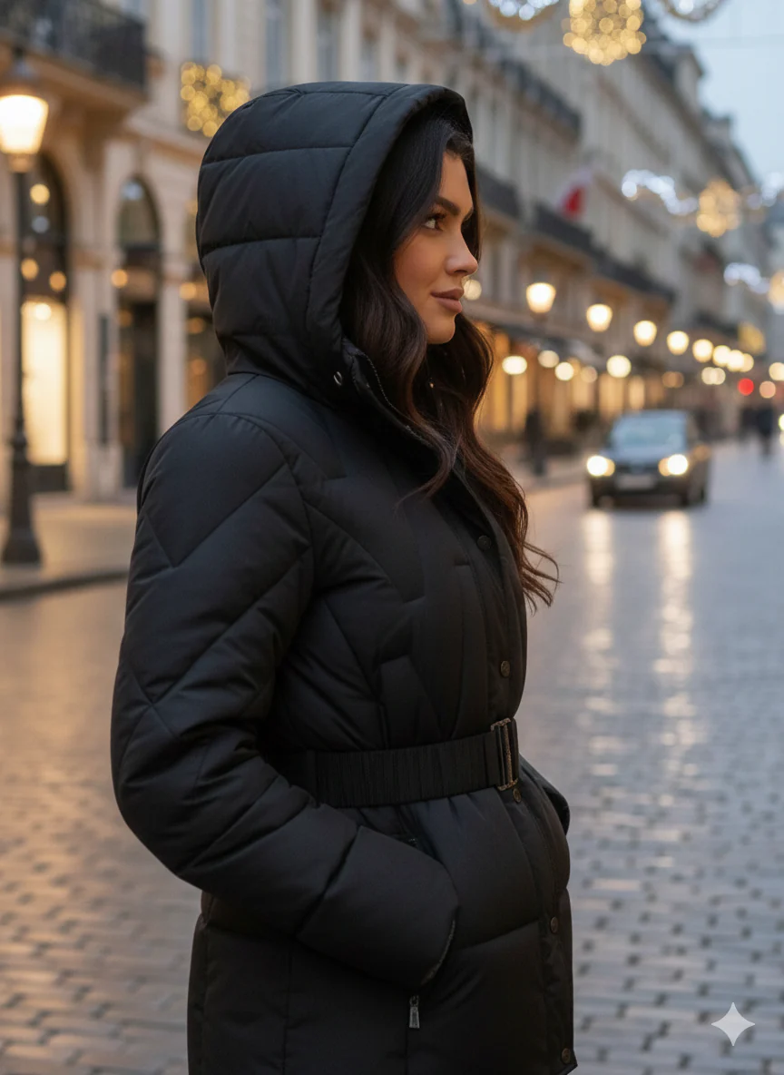 Piumino Corto Sfiancato con Cintura Elastica Coordinata e Cappuccio Rimovibile - immagine 3