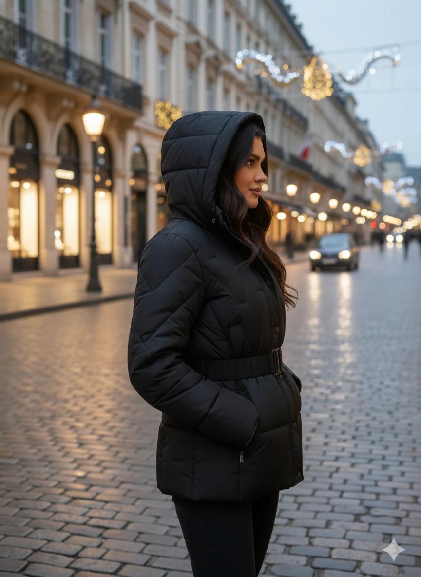 Piumino Corto Sfiancato con Cintura Elastica Coordinata e Cappuccio Rimovibile - immagine 5