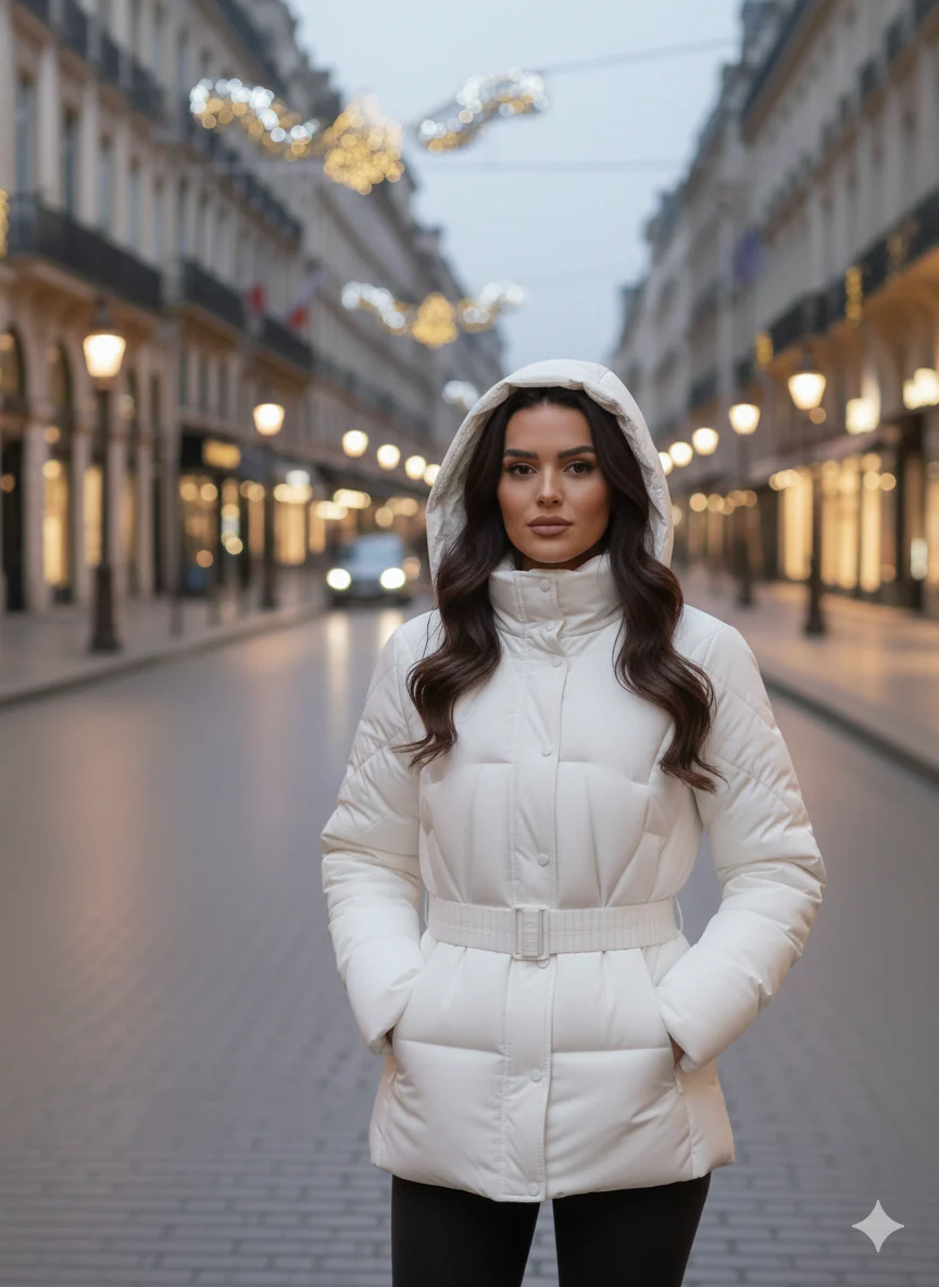 Piumino Corto Sfiancato con Cintura Elastica Coordinata e Cappuccio Rimovibile - immagine 9