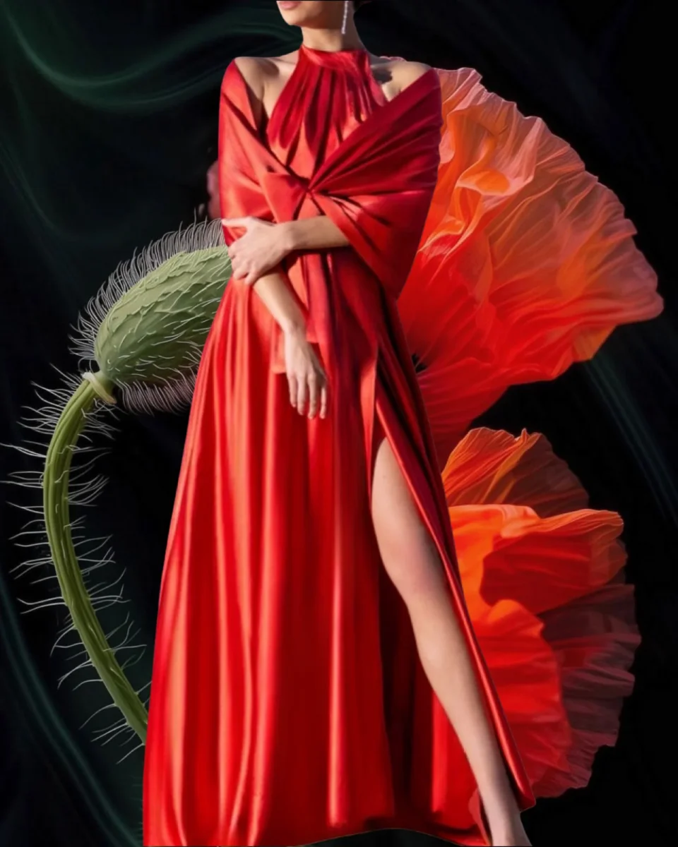 Abito "Scarlet Elegance". Abito lungo satinato con spacco alto e drappeggi, scollo all'americana - immagine 3