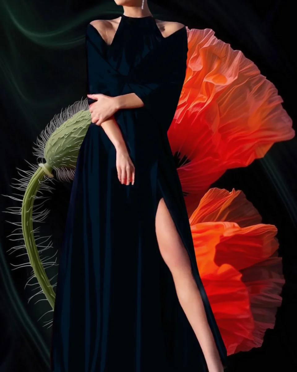 Abito "Scarlet Elegance". Abito lungo satinato con spacco alto e drappeggi, scollo all'americana - immagine 4