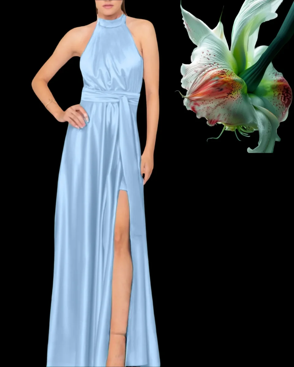 Abito "Radiant Pastel". Abito lungo satinato con spacco alto e drappeggi, scollo all'americana - immagine 5