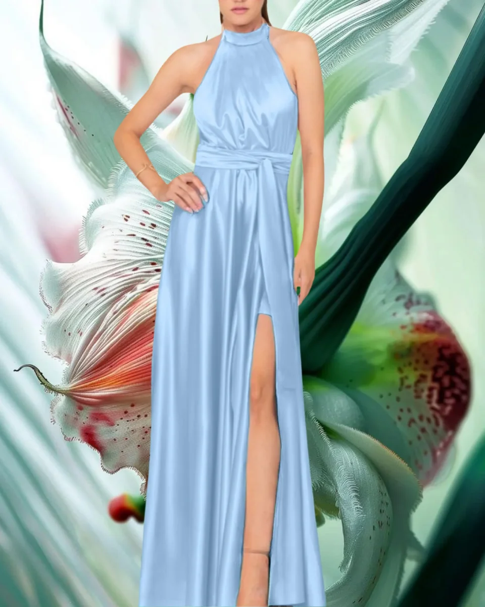 Abito "Gleam Grace". Abito lungo satinato con spacco alto e drappeggi, scollo all'americana - immagine 3