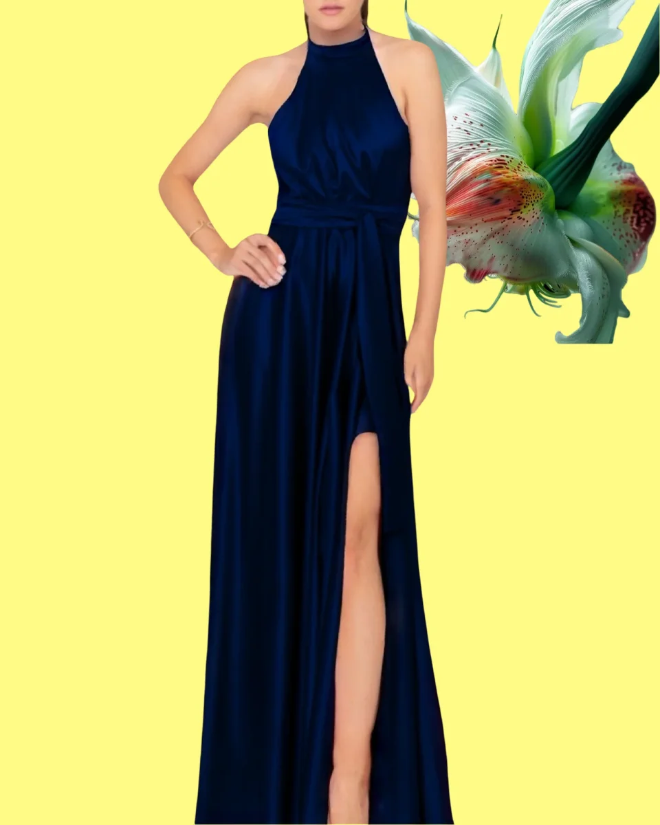 Abito "Iridescent Bliss". Abito lungo satinato con spacco alto e drappeggi, scollo all'americana - immagine 9