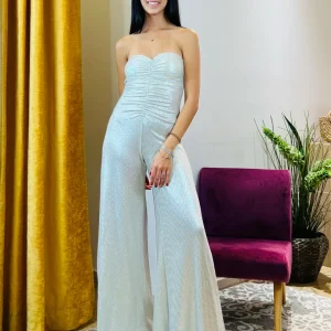 Tuta "Elegante Shimmer" - Tuta da Sera Senza Spalline, Pantaloni a Zampa, Tessuto Luminescente