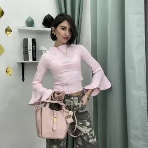 Maglia Donna a Coste con Maniche 3/4 e Volant