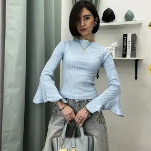 Maglia Donna a Coste con Maniche 3/4 e Volant