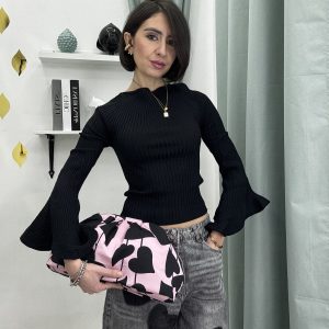 Maglia Donna a Coste con Maniche 3/4 e Volant