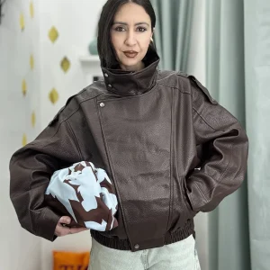 🖤 Giubbino Bomber marrone Donna in Similpelle Martellata – Top Quality – Taglia Unica (cm in dettagli)