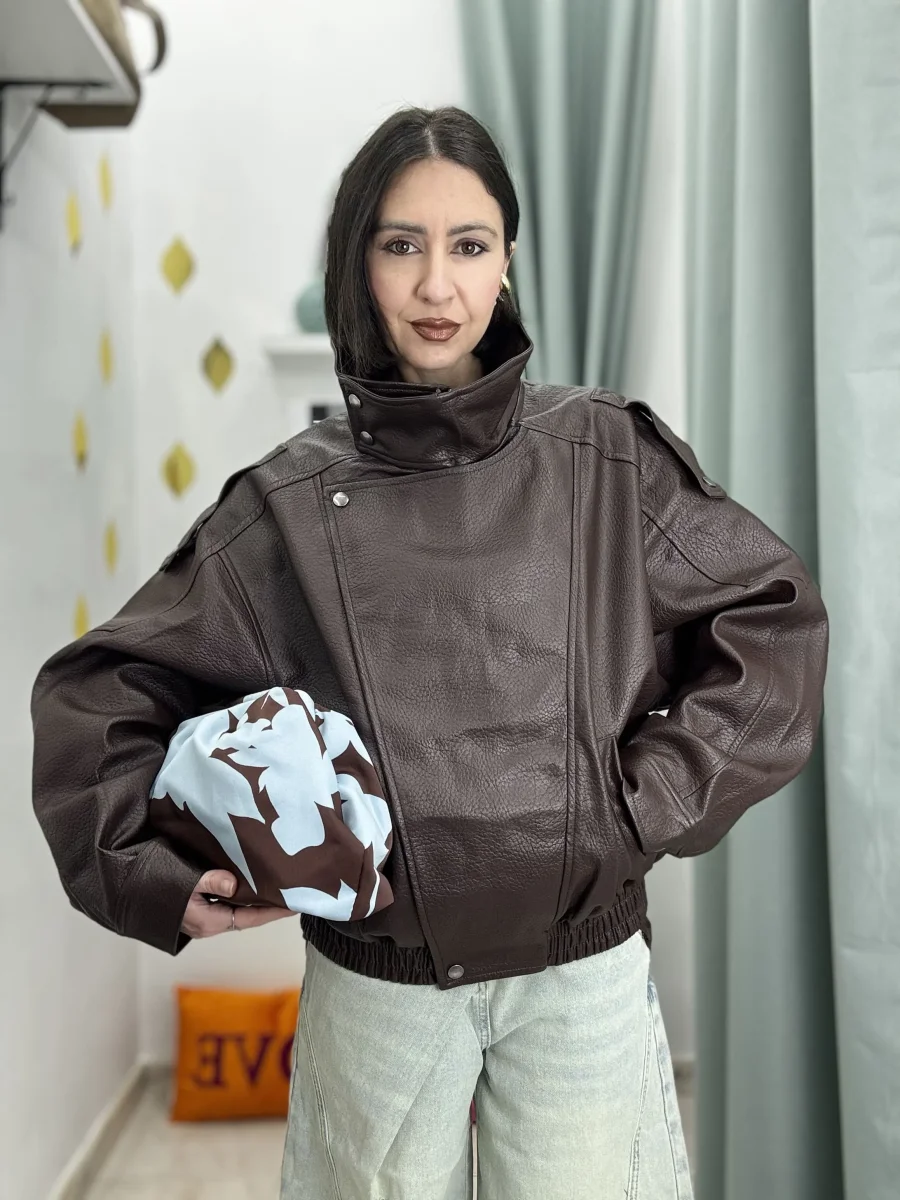 🖤 Giubbino Bomber marrone Donna in Similpelle Martellata – Top Quality – Taglia Unica (cm in dettagli)