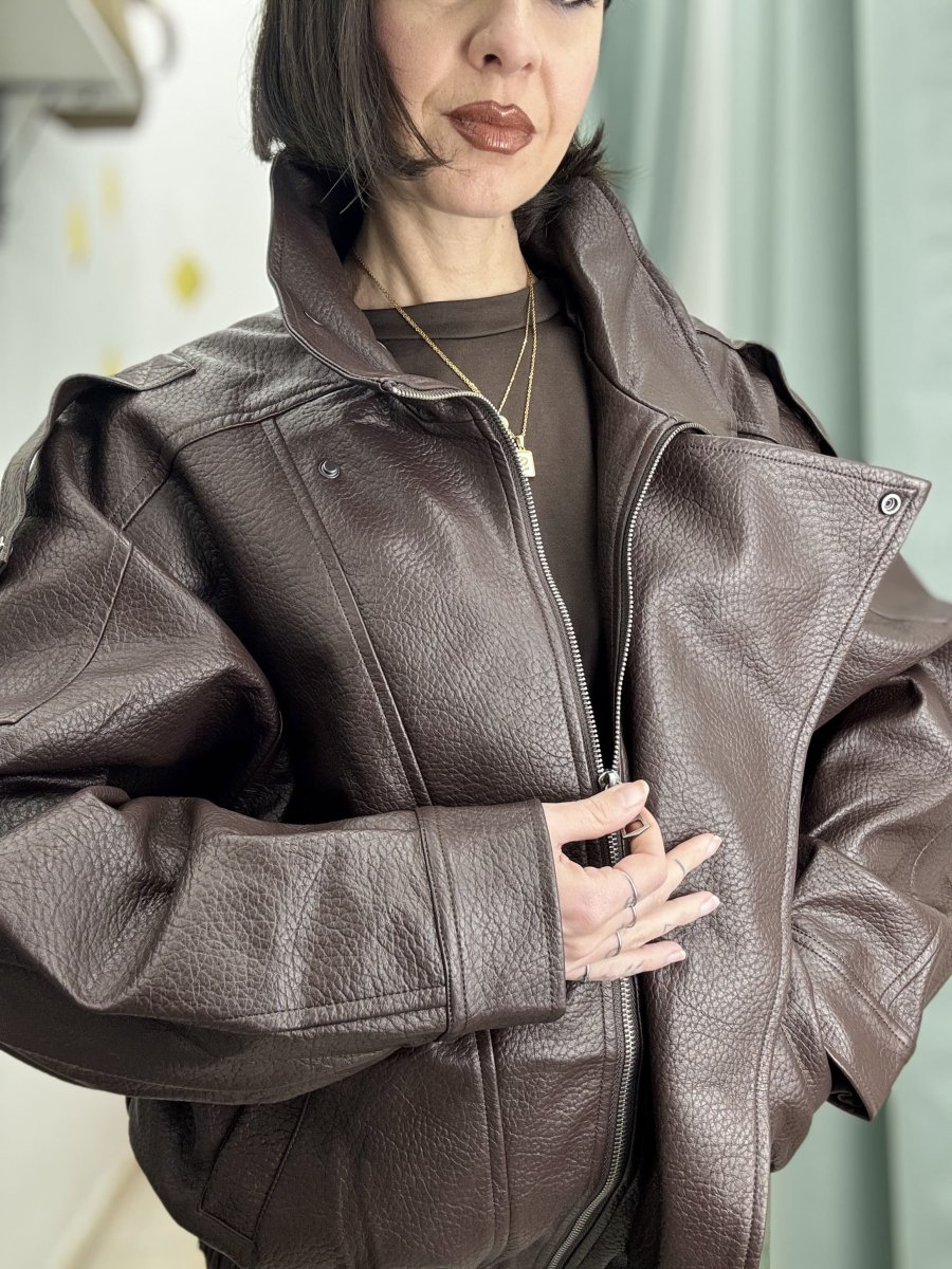 🖤 Giubbino Bomber marrone Donna in Similpelle Martellata – Top Quality – Taglia Unica (cm in dettagli) - immagine 5