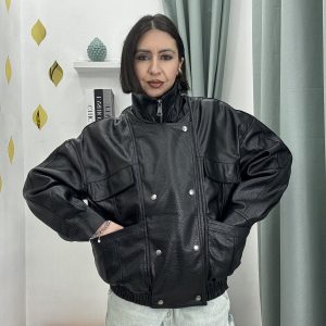 Giubbino Bomber Donna Nero in Similpelle Martellata – Vestibilità Comoda