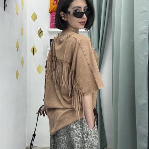 Maglia Donna Mezza Manica con Frange – Cotone Effetto Slavato | Taglia Unica oversize (Copia)