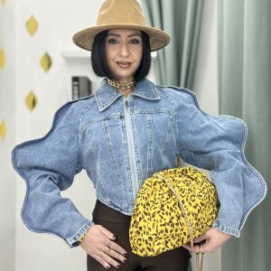 Giubbino Donna in Denim Blu crop Corto – Maniche a Onde e Zip Frontale