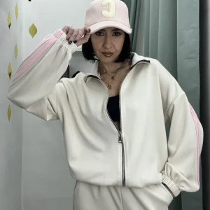 Set Tuta Coordinato Donna – Felpa con Zip e Pantalone Palazzo con Bande Rosa