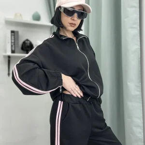 Set Tuta Coordinato Donna – Felpa con Zip e Pantalone Palazzo con Bande Rosa