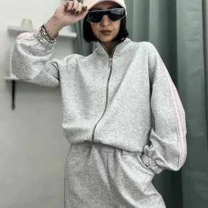 Set Tuta Coordinato Donna – Felpa con Zip e Pantalone Palazzo con Bande Rosa