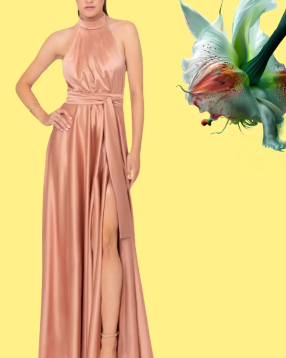 Abito "Satin Moon". Abito lungo satinato con spacco alto e drappeggi, scollo all'americana - immagine 9