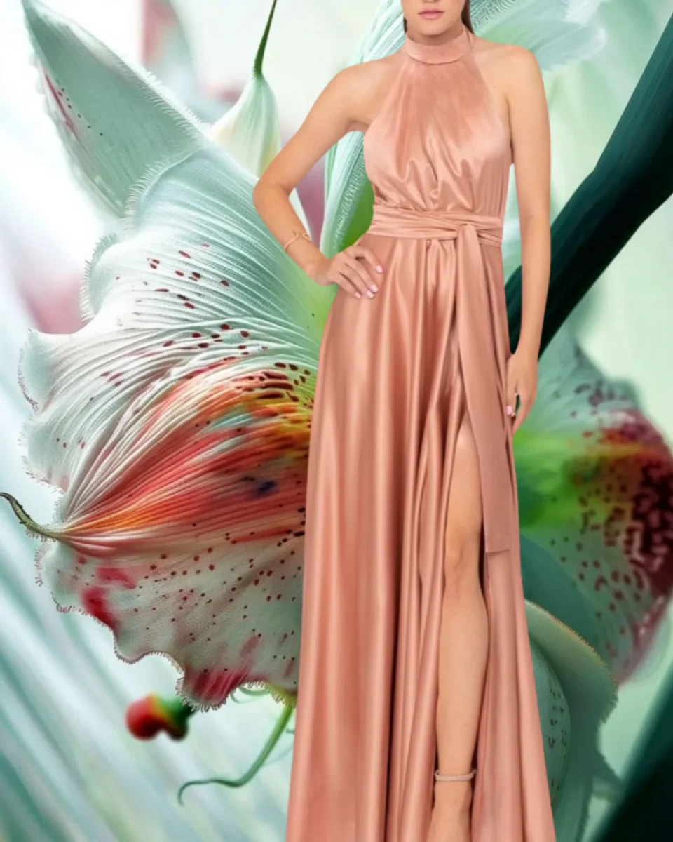 Abito "Satin Moon". Abito lungo satinato con spacco alto e drappeggi, scollo all'americana - immagine 3