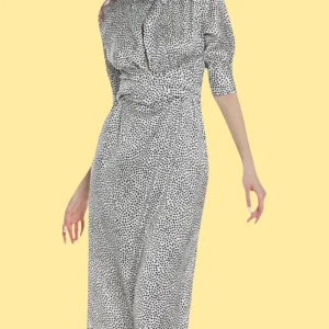 Abito "Polka Charm". Abito raso setificato a points bianco e nero, modello corto con colletto.