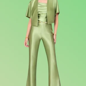 Tuta "Shimmering Whisper". Tuta elegante con top e pantaloni zampa, tessuto brillante verde salvia metallizzato