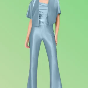 Tuta "Twilight Sheen". Tuta elegante con top e pantaloni zampa, tessuto brillante azzurro metallizzato