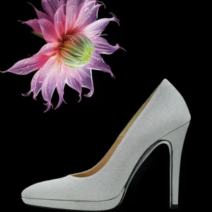 Pump "Silver Starlight". Scarpe eleganti in pelle e lamè, da cerimonia o da festa con platform e tacco alto.