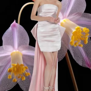 Abito "Pastel Glimmer". Abito a tubino rosa satin senza spalline, con strascico.