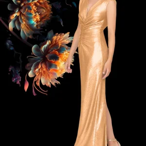 Abito "Luminous Elegance". Abito lungo stretto,con scollo a V e spacco laterale