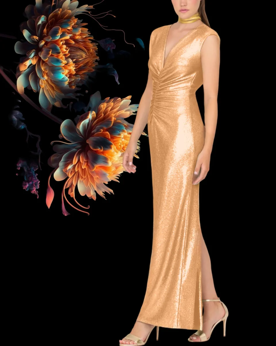 Abito "Radiant Allure". Abito lungo stretto,con scollo a V e spacco laterale - immagine 3