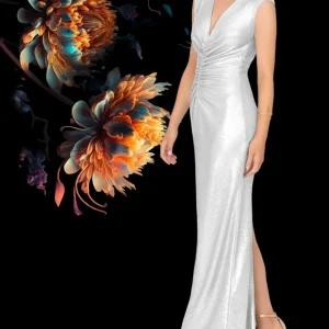 Abito "Starlight Luxe". Abito lungo stretto,con scollo a V e spacco laterale