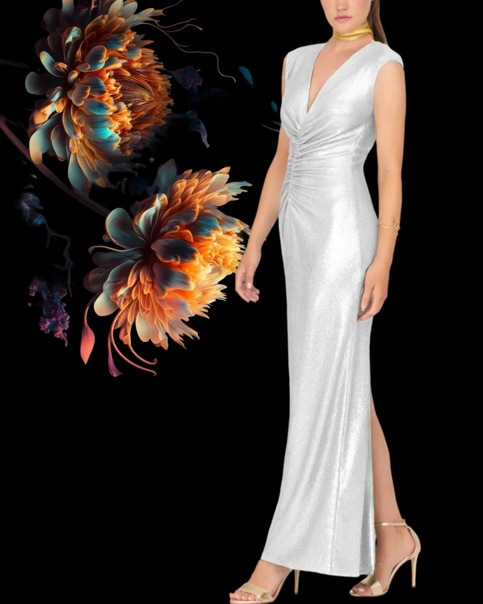 Abito "Radiant Allure". Abito lungo stretto,con scollo a V e spacco laterale - immagine 6