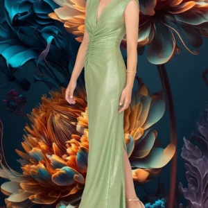 Abito "Radiant Allure". Abito lungo stretto,con scollo a V e spacco laterale