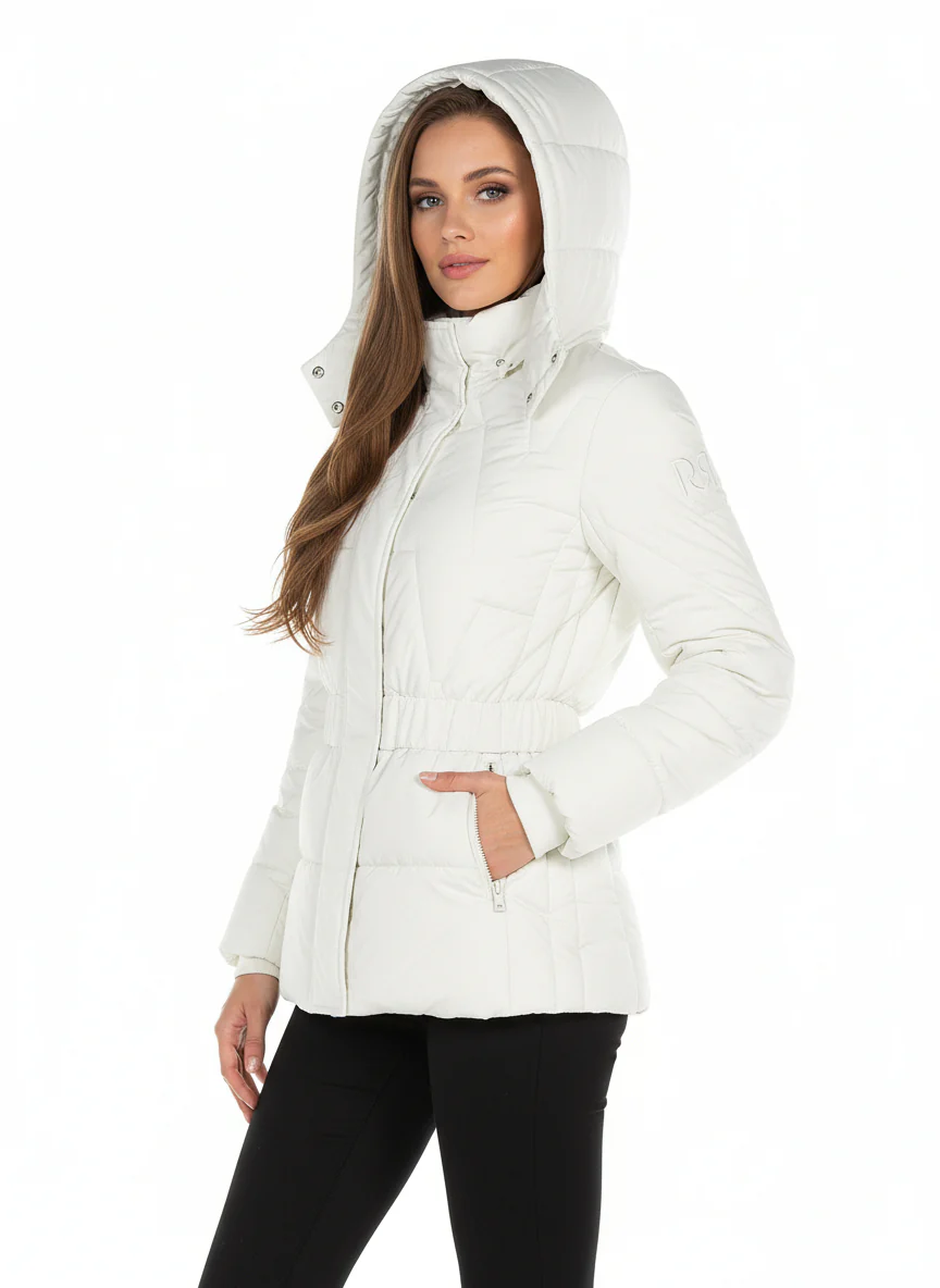 Piumino Corto Sfiancato con Cintura Elastica Coordinata e Cappuccio Rimovibile - immagine 8