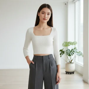 Maglia Costine Scollo Quadrato Manica Lunga