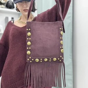 Borsa a spalla con frange e  tracolla regolabile in similpelle e Alcantara